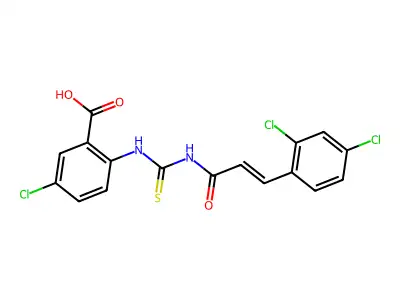 5-chloro-2-[3-(2,4-dichlorophenyl)prop-2-enoylcarbamothioylamino]benzoic acid structure