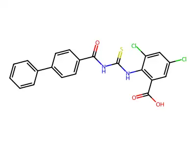 3,5-dichloro-2-[(4-phenylbenzoyl)carbamothioylamino]benzoic acid structure
