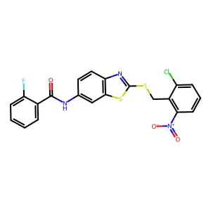 N-[2-[(2-chloro-6-nitrophenyl)methylsulfanyl]-1,3-benzothiazol-6-yl]-2-fluorobenzamide structure
