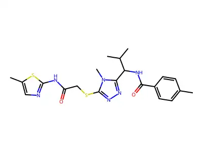 4-methyl-N-[2-methyl-1-[4-methyl-5-[2-[(5-methyl-1,3-thiazol-2-yl)amino]-2-oxoethyl]sulfanyl-1,2,4-triazol-3-yl]propyl]benzamide structure