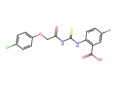 2-[[[[(4-Chlorophenoxy)acetyl]amino]thioxomethyl]amino]-5-iodo-benzoic acid structure
