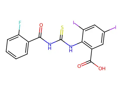 2-[(2-Fluorobenzoyl)carbamothioylamino]-3,5-diiodobenzoic acid structure