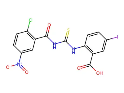 2-[[[(2-Chloro-5-nitrobenzoyl)amino]thioxomethyl]amino]-5-iodo-benzoic acid structure