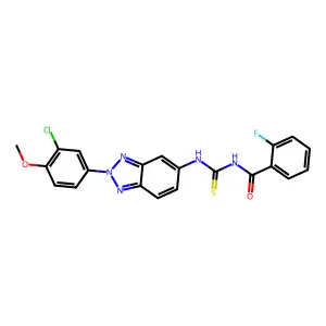N-[[2-(3-chloro-4-methoxyphenyl)benzotriazol-5-yl]carbamothioyl]-2-fluorobenzamide structure