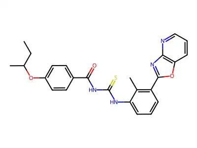4-(butan-2-yloxy)-N-{[2-methyl-3-([1,3]oxazolo[4,5-b]pyridin-2-yl)phenyl]carbamothioyl}benzamide structure