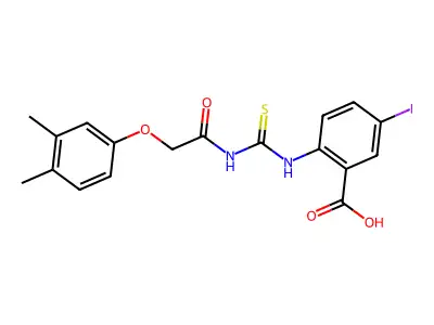 2-[[[[(3,4-Dimethylphenoxy)acetyl]amino]thioxomethyl]amino]-5-iodo-benzoic acid structure