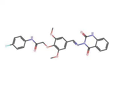 2-[4-[(2,4-dioxo-1H-quinazolin-3-yl)iminomethyl]-2,6-dimethoxyphenoxy]-N-(4-fluorophenyl)acetamide structure