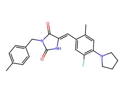 5-{[5-Fluoro-2-methyl-4-(pyrrolidin-1-yl)phenyl]methylidene}-3-[(4-methylphenyl)methyl]imidazolidine-2,4-dione structure