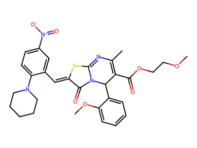 2-Methoxyethyl 5-(2-methoxyphenyl)-7-methyl-2-{[5-nitro-2-(piperidin-1-yl)phenyl]methylidene}-3-oxo-2,3-dihydro-5H-[1,3]thiazolo[3,2-a]pyrimidine-6-carboxylate structure