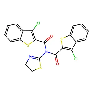 3-chloro-N-(3-chloro-1-benzothiophene-2-carbonyl)-N-(4,5-dihydro-1,3-thiazol-2-yl)-1-benzothiophene-2-carboxamide structure