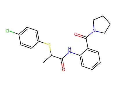 2-(4-chlorophenyl)sulfanyl-N-[2-(pyrrolidine-1-carbonyl)phenyl]propanamide structure