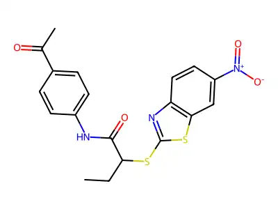 N-(4-acetylphenyl)-2-[(6-nitro-1,3-benzothiazol-2-yl)sulfanyl]butanamide structure