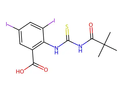 2-[[[(2,2-Dimethyl-1-oxopropyl)amino]thioxomethyl]amino]-3,5-diiodo-benzoic acid structure