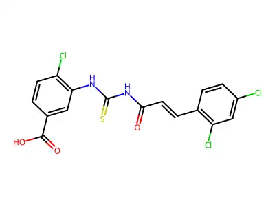 4-chloro-3-[3-(2,4-dichlorophenyl)prop-2-enoylcarbamothioylamino]benzoic acid structure