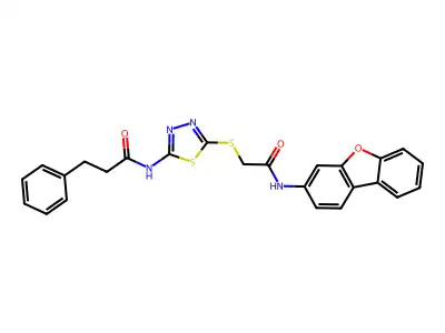 N-(5-((2-(dibenzo[b,d]furan-3-ylamino)-2-oxoethyl)thio)-1,3,4-thiadiazol-2-yl)-3-phenylpropanamide structure