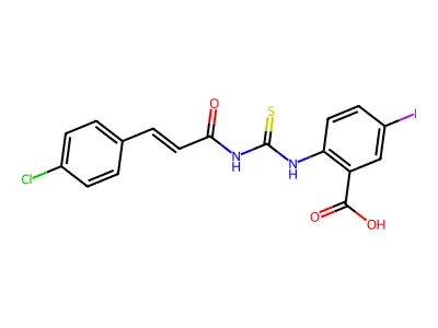 2-[3-(4-chlorophenyl)prop-2-enoylcarbamothioylamino]-5-iodobenzoic acid structure