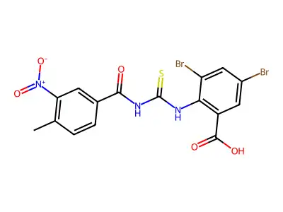 3,5-Dibromo-2-[[[(4-methyl-3-nitrobenzoyl)amino]thioxomethyl]amino]-benzoic acid structure