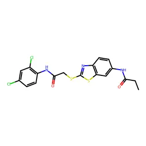 N-[2-[2-(2,4-dichloroanilino)-2-oxoethyl]sulfanyl-1,3-benzothiazol-6-yl]propanamide structure