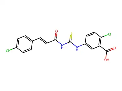 2-chloro-5-[3-(4-chlorophenyl)prop-2-enoylcarbamothioylamino]benzoic acid structure