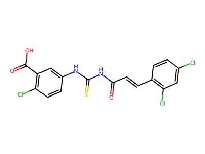 2-Chloro-5-[3-(2,4-dichlorophenyl)prop-2-enoylcarbamothioylamino]benzoic acid structure