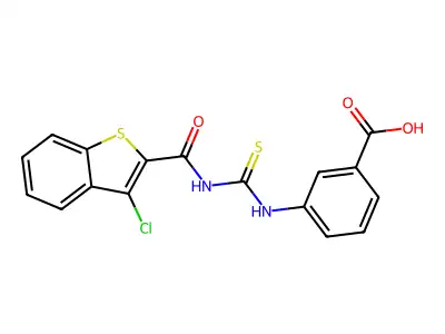3-[(3-chloro-1-benzothiophene-2-carbonyl)carbamothioylamino]benzoic acid structure