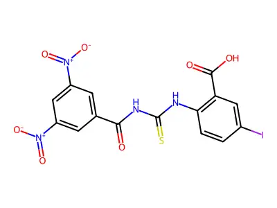 2-[[[(3,5-Dinitrobenzoyl)amino]thioxomethyl]amino]-5-iodo-benzoic acid structure