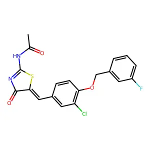 N-[(5Z)-5-[[3-chloro-4-[(3-fluorophenyl)methoxy]phenyl]methylidene]-4-oxo-1,3-thiazol-2-yl]acetamide structure