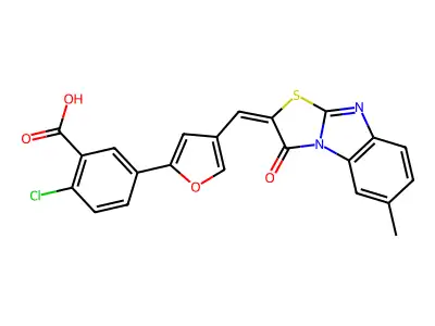 2-chloro-5-{4-[(E)-(6-methyl-3-oxo[1,3]thiazolo[3,2-a]benzimidazol-2(3H)-ylidene)methyl]furan-2-yl}benzoic acid structure