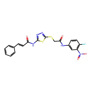 N-(5-((2-((4-fluoro-3-nitrophenyl)amino)-2-oxoethyl)thio)-1,3,4-thiadiazol-2-yl)cinnamamide structure