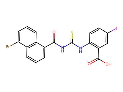 2-[(5-bromonaphthalene-1-carbonyl)carbamothioylamino]-5-iodobenzoic acid structure