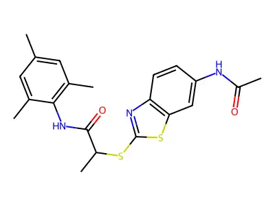 2-[(6-acetamido-1,3-benzothiazol-2-yl)sulfanyl]-N-(2,4,6-trimethylphenyl)propanamide structure