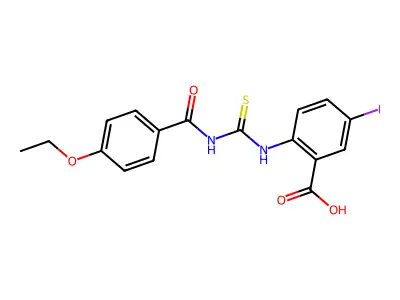2-[[[(4-Ethoxybenzoyl)amino]thioxomethyl]amino]-5-iodo-benzoic acid structure