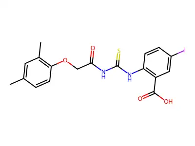 2-[[[[(2,4-Dimethylphenoxy)acetyl]amino]thioxomethyl]amino]-5-iodo-benzoic acid structure