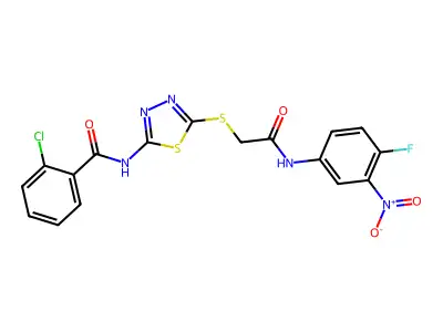 2-chloro-N-(5-((2-((4-fluoro-3-nitrophenyl)amino)-2-oxoethyl)thio)-1,3,4-thiadiazol-2-yl)benzamide structure