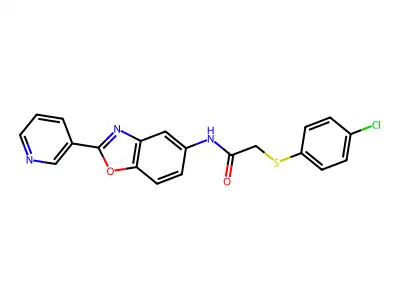 2-(4-chlorophenyl)sulfanyl-N-(2-pyridin-3-yl-1,3-benzoxazol-5-yl)acetamide structure