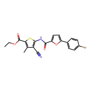 ethyl 5-(5-(4-bromophenyl)furan-2-carboxamido)-4-cyano-3-methylthiophene-2-carboxylate structure