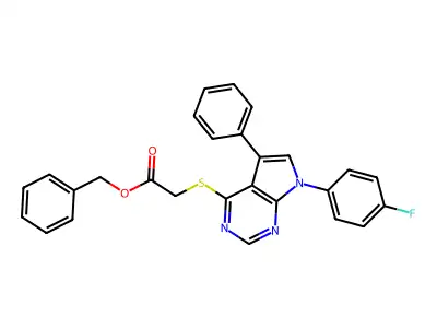 benzyl 2-[7-(4-fluorophenyl)-5-phenylpyrrolo[2,3-d]pyrimidin-4-yl]sulfanylacetate structure