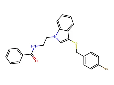N-[2-[3-[(4-bromophenyl)methylsulfanyl]indol-1-yl]ethyl]benzamide structure