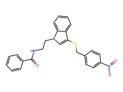 N-[2-[3-[(4-nitrophenyl)methylsulfanyl]indol-1-yl]ethyl]benzamide structure