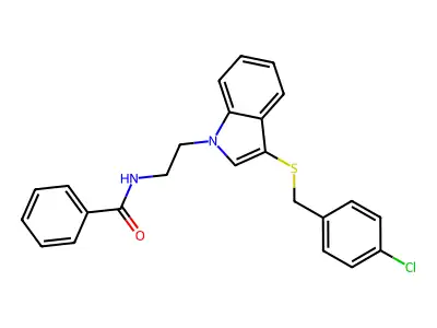 N-[2-[3-[(4-chlorophenyl)methylsulfanyl]indol-1-yl]ethyl]benzamide structure