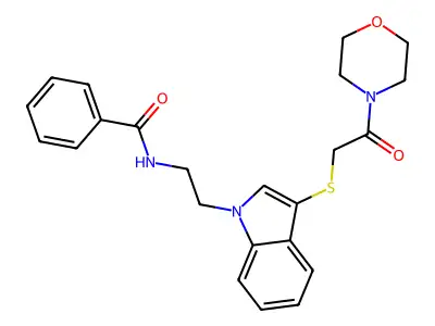 N-[2-[3-(2-morpholin-4-yl-2-oxoethyl)sulfanylindol-1-yl]ethyl]benzamide structure