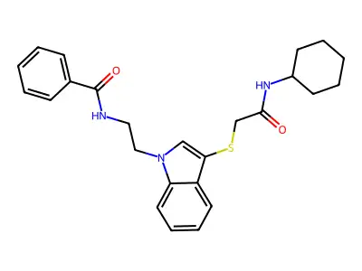 N-(2-(3-((2-(cyclohexylamino)-2-oxoethyl)thio)-1H-indol-1-yl)ethyl)benzamide structure