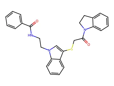 N-(2-(3-((2-(indolin-1-yl)-2-oxoethyl)thio)-1H-indol-1-yl)ethyl)benzamide structure