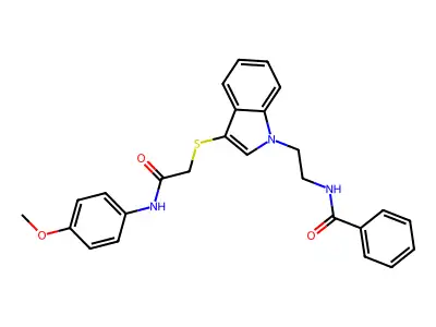 N-(2-(3-((2-((4-methoxyphenyl)amino)-2-oxoethyl)thio)-1H-indol-1-yl)ethyl)benzamide structure