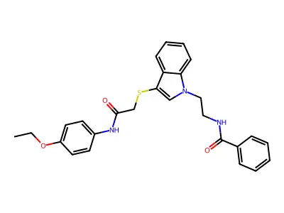 N-[2-[3-[2-(4-ethoxyanilino)-2-oxoethyl]sulfanylindol-1-yl]ethyl]benzamide structure