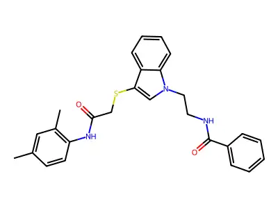 N-[2-[3-[2-(2,4-dimethylanilino)-2-oxoethyl]sulfanylindol-1-yl]ethyl]benzamide structure