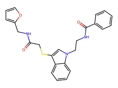 N-[2-[3-[2-(furan-2-ylmethylamino)-2-oxoethyl]sulfanylindol-1-yl]ethyl]benzamide structure