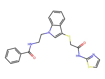 N-(2-(3-((2-oxo-2-(thiazol-2-ylamino)ethyl)thio)-1H-indol-1-yl)ethyl)benzamide structure