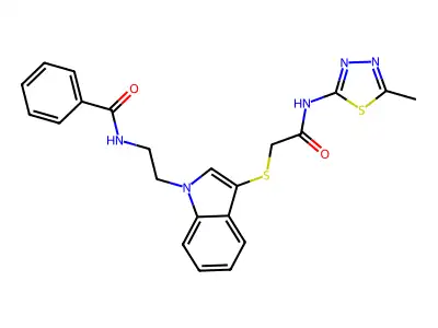 N-[2-[3-[2-[(5-methyl-1,3,4-thiadiazol-2-yl)amino]-2-oxoethyl]sulfanylindol-1-yl]ethyl]benzamide structure
