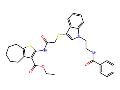 ethyl 2-(2-((1-(2-benzamidoethyl)-1H-indol-3-yl)thio)acetamido)-5,6,7,8-tetrahydro-4H-cyclohepta[b]thiophene-3-carboxylate structure